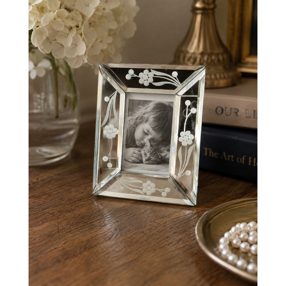 Vintage Carr Frames Mirrored Glass Floral Etched Picture Frame 2x3 Silver